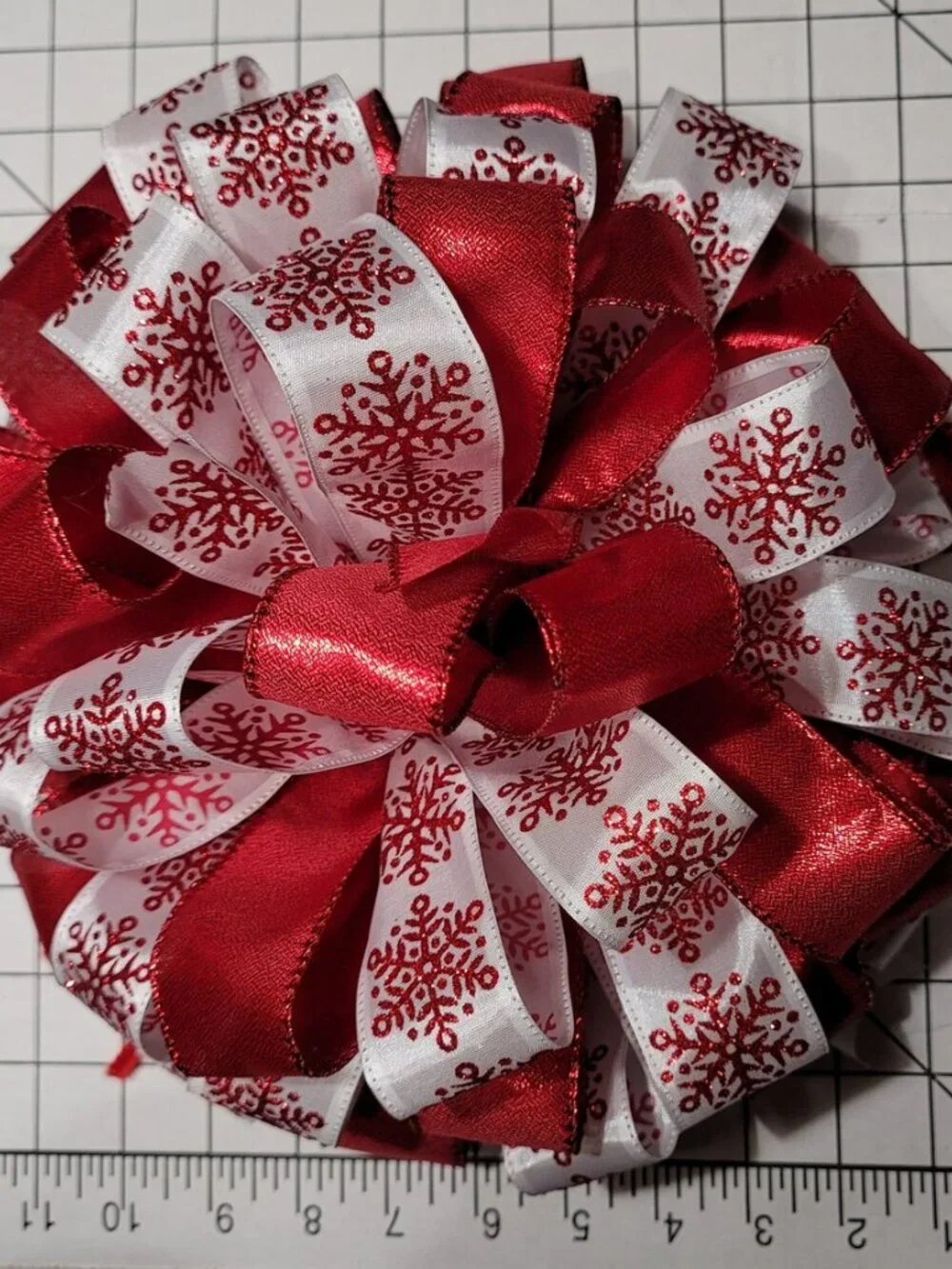 Christmas Tree Bow Topper, Red Snowflake and Red Ribbon Tree Topper 44 Loop Bow